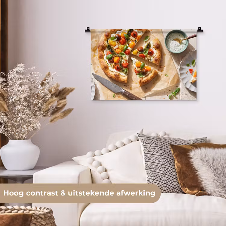 Eten - Tomaten - Basilicum - Maaltijd - Vers Wandkleed katoen klein -sfeer1