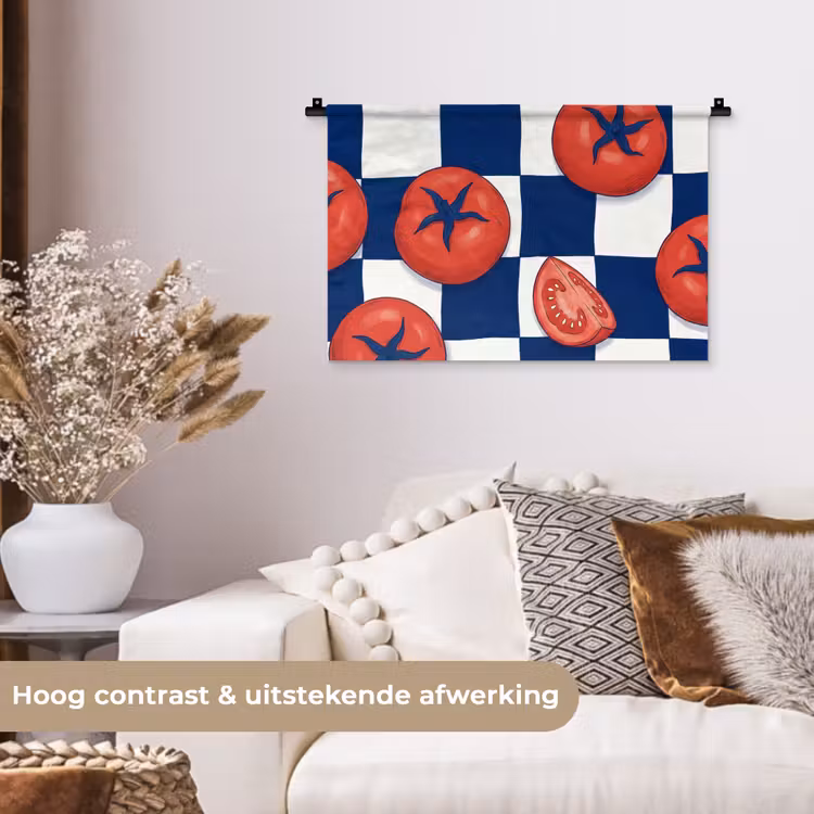 Eten - Tomaten - Keuken - Illustratie - Rood-Blauw Wandkleed katoen klein -sfeer1