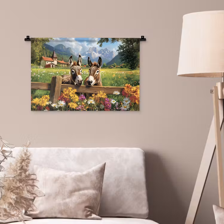 Ezels - Bloemen - Zomers Wandkleed katoen klein -sfeer4