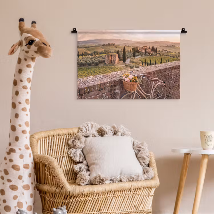 Fiets - Bloemen - Toscane - Landschap - Roze Wandkleed katoen klein -wsfeer5_kind