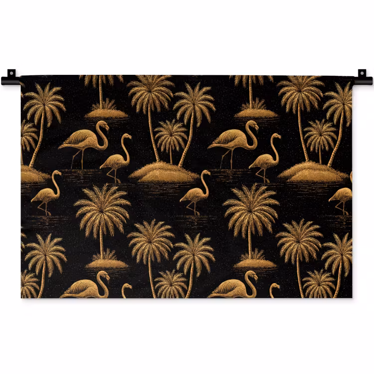 Flamingo - Palmbomen - Tropisch - Goud - Zwart Wandkleed katoen klein 269 -zz3d