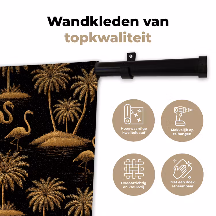 Flamingo - Palmbomen - Tropisch - Goud - Zwart Wandkleed katoen klein 269 -sfeer2