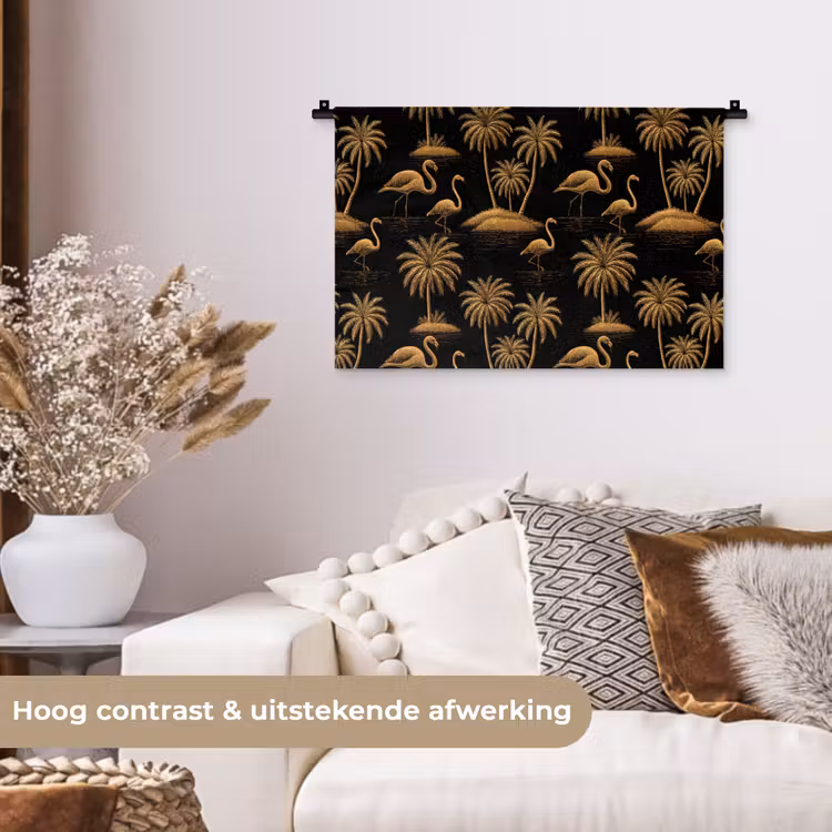 Flamingo - Palmbomen - Tropisch - Goud - Zwart Wandkleed katoen klein 269 -sfeer1