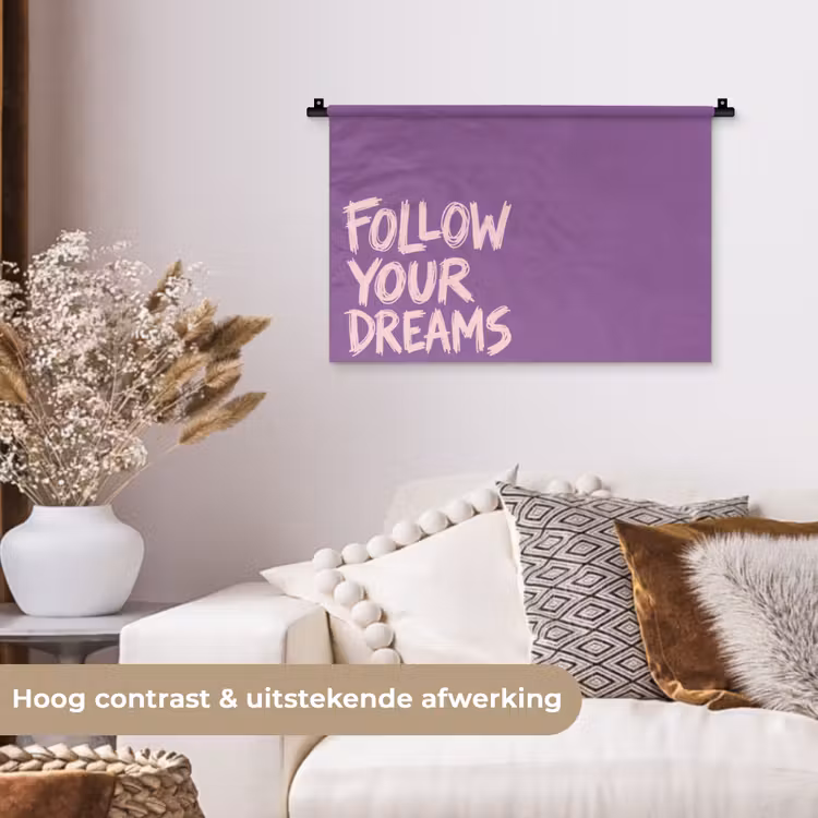 Follow your dreams - Paars - Penseeltextuur Wandkleed katoen klein -sfeer1