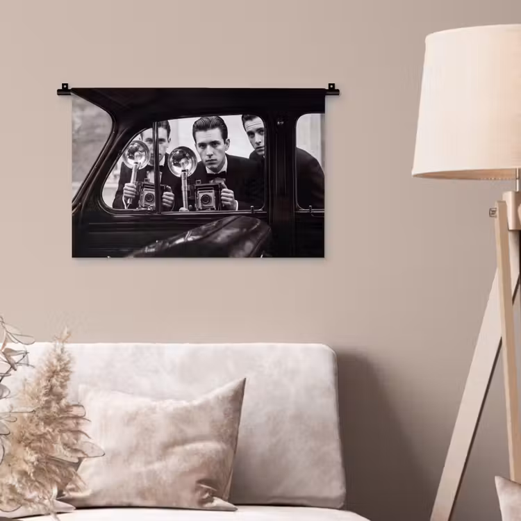 Fotograaf - Camera - Vintage - Journalistiek - Zwart-wit Wandkleed katoen klein -sfeer4