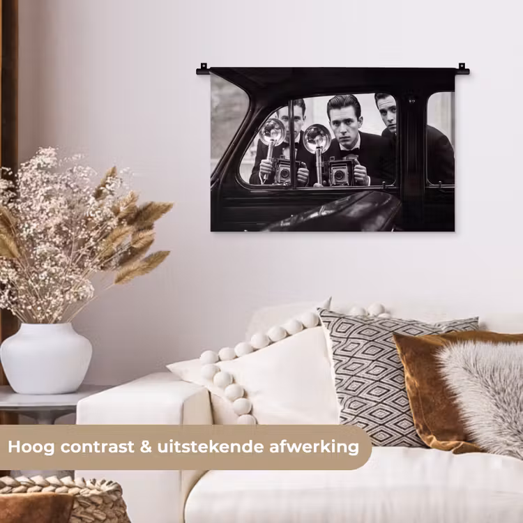 Fotograaf - Camera - Vintage - Journalistiek - Zwart-wit Wandkleed katoen klein -sfeer1