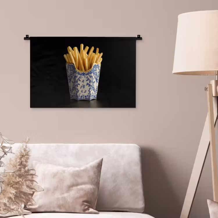Friet - Porselein - Delfts blauw - Eten Wandkleed katoen klein -sfeer4