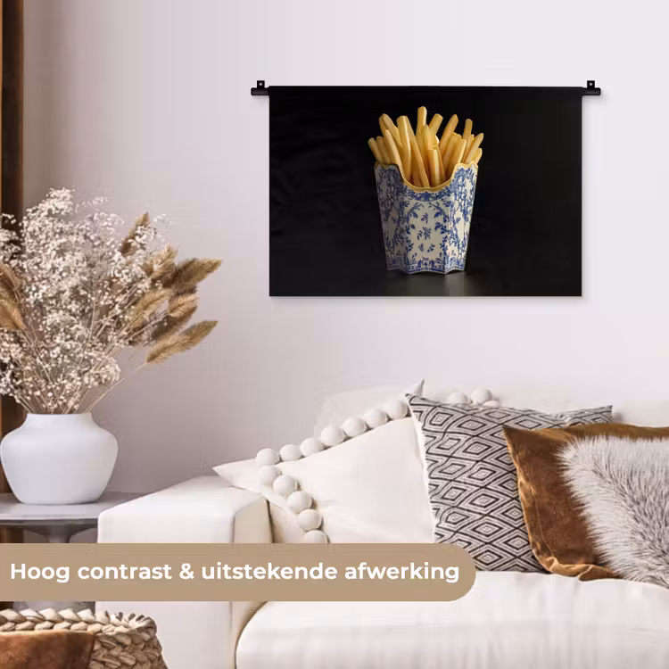 Friet - Porselein - Delfts blauw - Eten Wandkleed katoen klein -sfeer1