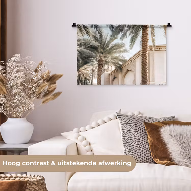 Gebouw - Palmbomen - Beige - Zon Wandkleed katoen klein -sfeer1