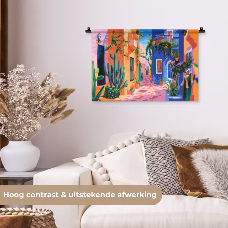 Geel - Blauw - Oranje - Huis Wandkleed katoen klein -sfeer1