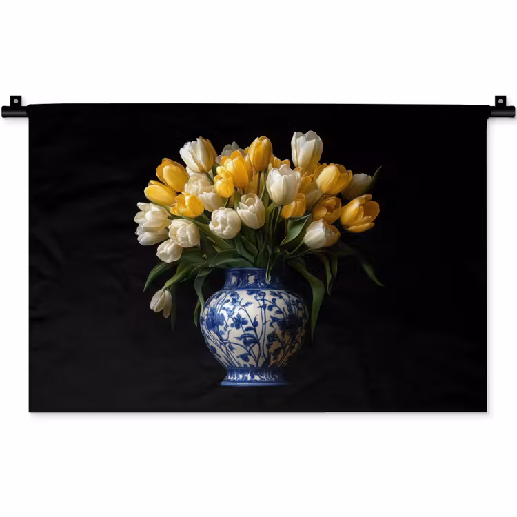 Geel - Tulpen - Vaas - Bloemen Wandkleed katoen klein -zz3d