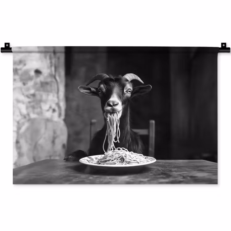 Geit - Bord - Spaghetti - Zwart Wit Wandkleed katoen klein -zz3d