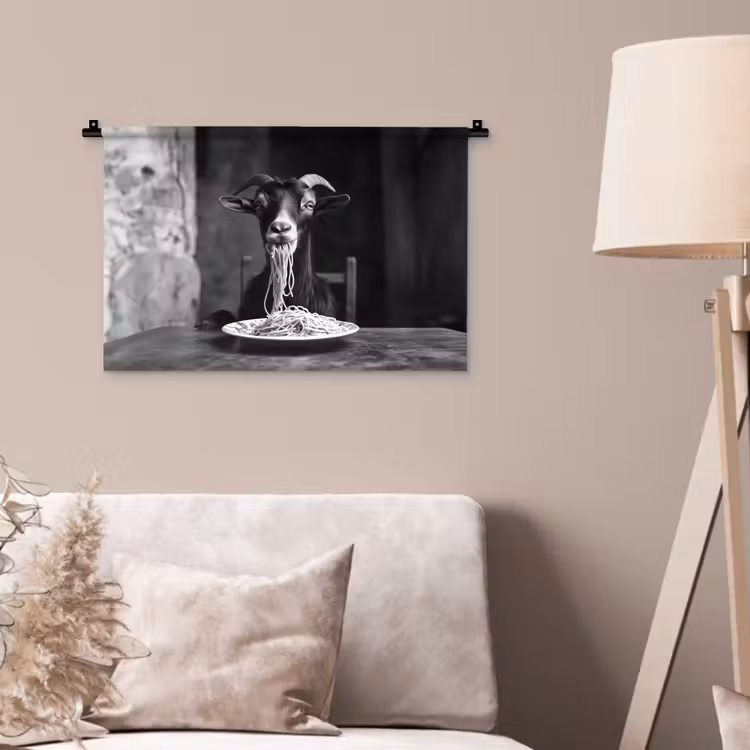 Geit - Bord - Spaghetti - Zwart Wit Wandkleed katoen klein -sfeer4