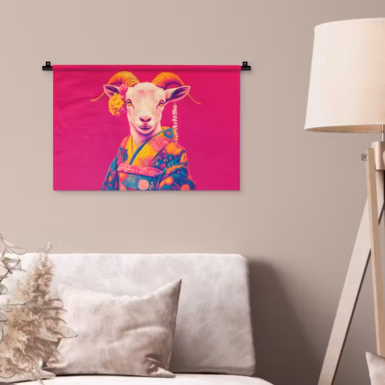 Geit - Hoorns - Kimono - Kleurrijk Wandkleed katoen klein -sfeer4