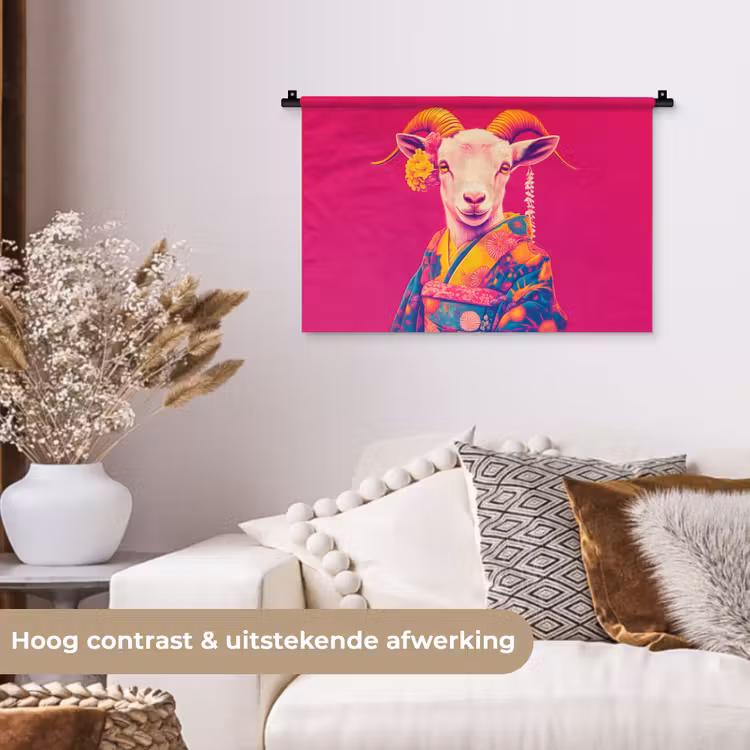 Geit - Hoorns - Kimono - Kleurrijk Wandkleed katoen klein -sfeer1