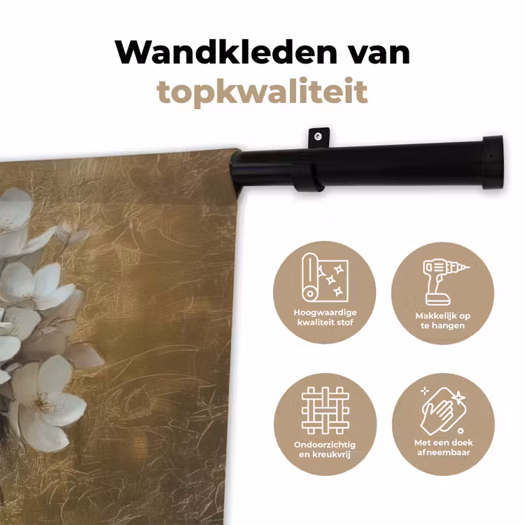Gezicht - Bloemen - Goud - Abstract Wandkleed katoen klein -sfeer2
