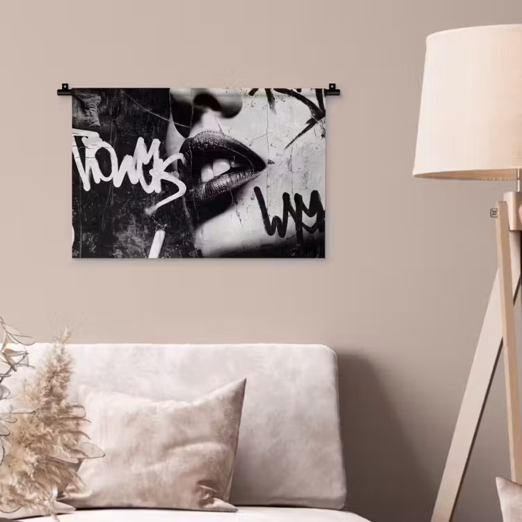 Gezicht - Mond - Graffiti - Zwart Wandkleed katoen klein -sfeer4