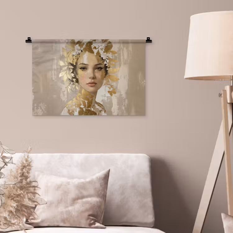 Gezicht - Vrouw - Bladeren - Goud Wandkleed katoen klein -sfeer4