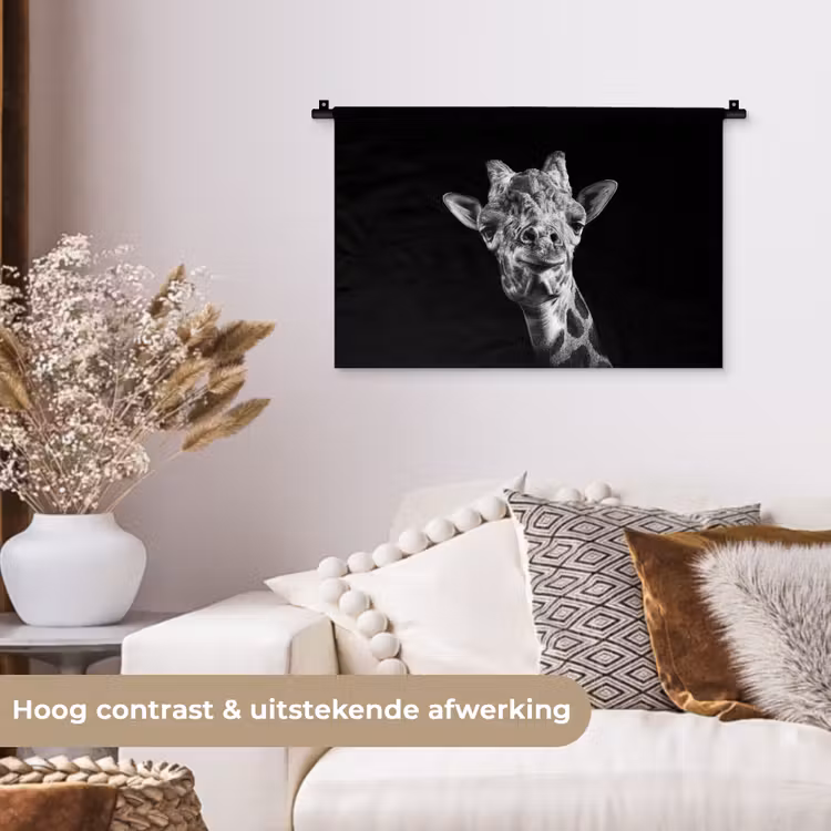 Giraffe - Dier - Zwart - Wit Wandkleed katoen klein -sfeer1