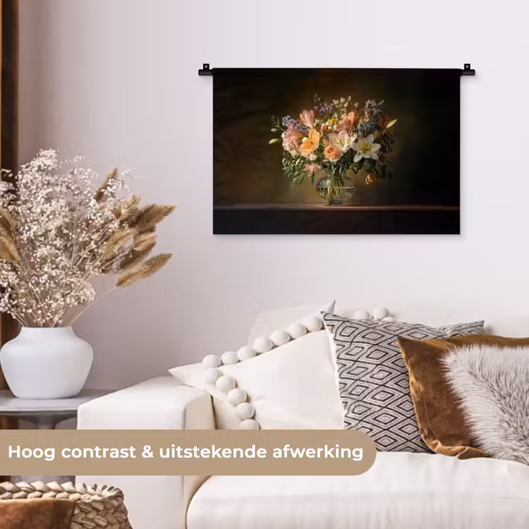 Glazen - Bloemen - Boeket - Kleuren Wandkleed katoen klein -sfeer1