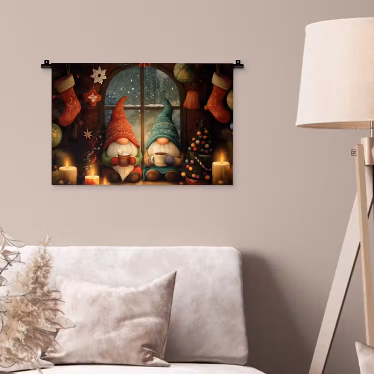 Gnooms - Kerst - Raam - Kleurrijk Wandkleed katoen klein -sfeer4