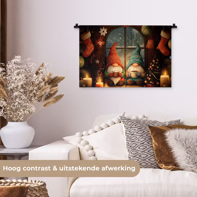 Gnooms - Kerst - Raam - Kleurrijk Wandkleed katoen klein -sfeer1