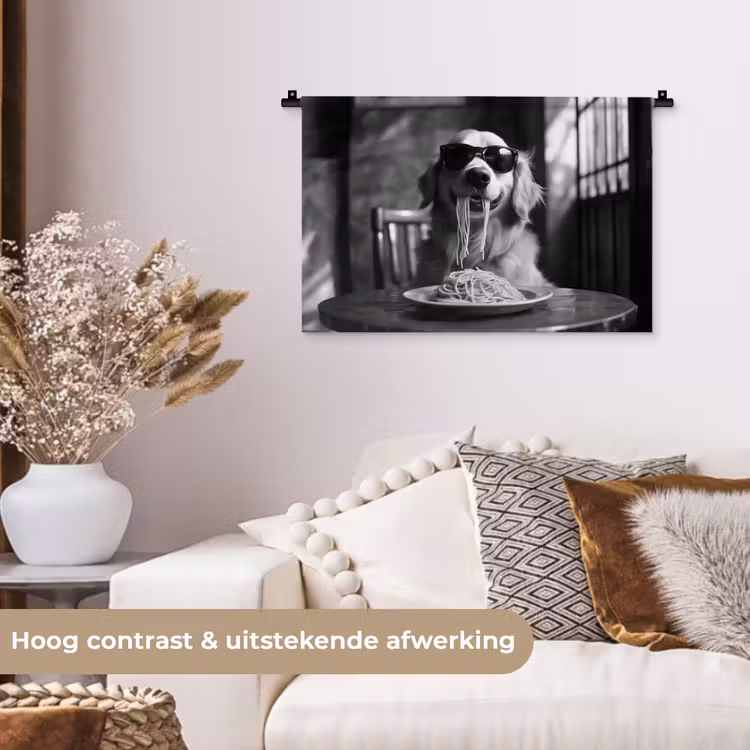 Golden Retriever - Hond - Vrolijk - Bord spaghetti - Zwart - wit Wandkleed katoen klein -sfeer1