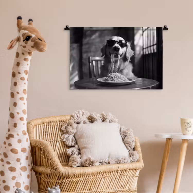 Golden Retriever - Hond - Vrolijk - Bord spaghetti - Zwart - wit Wandkleed katoen klein -wsfeer5_kind