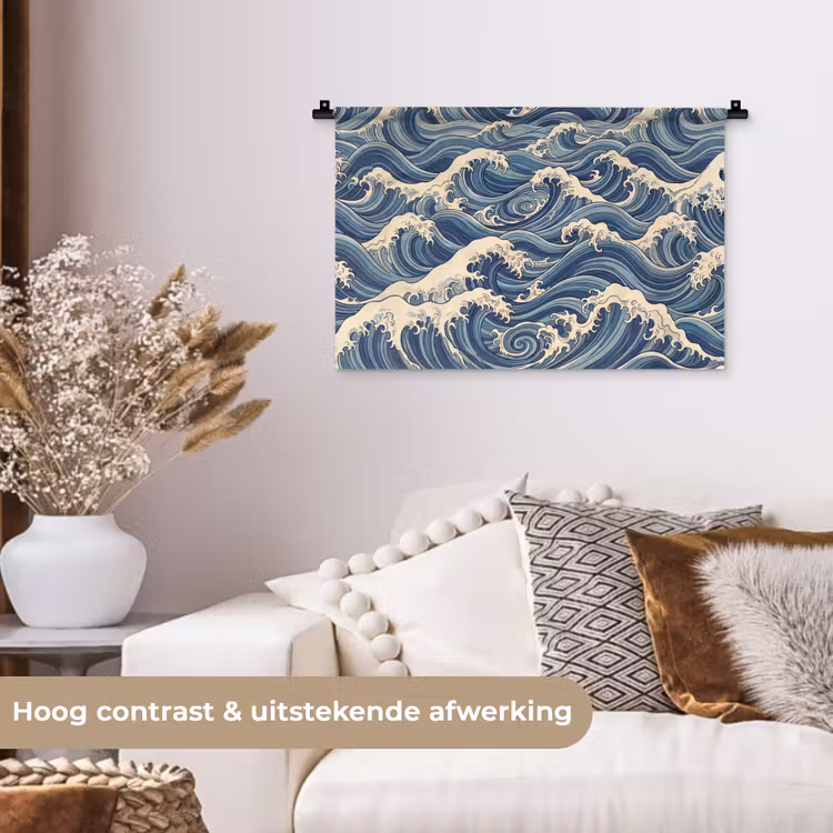 Golven - Zee - Natuur - Abstract - Blauw Wandkleed katoen klein -sfeer1