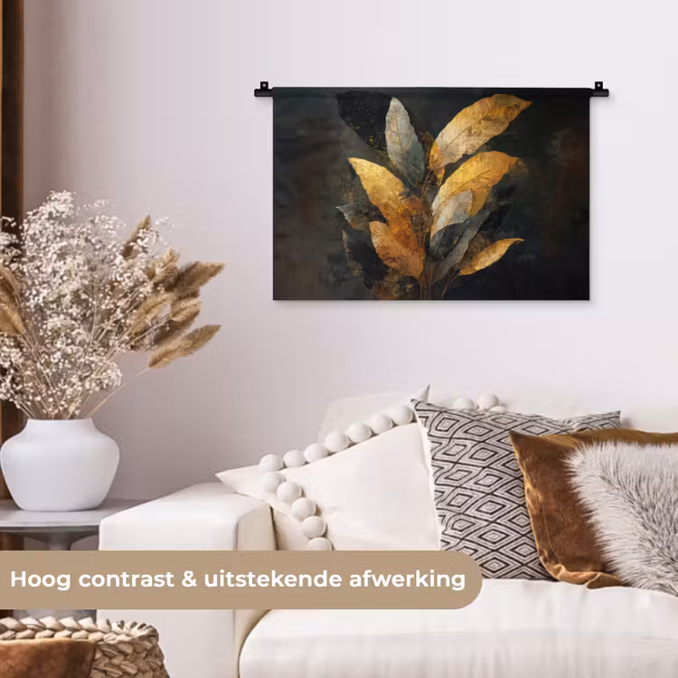 Gouden Bladcompositie – Botanische Luxe Wandkleed katoen klein -sfeer1