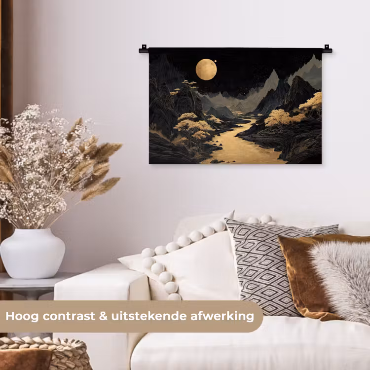 Gouden rivier - Bergen - Maan - Sterrenhemel Wandkleed katoen klein -sfeer1