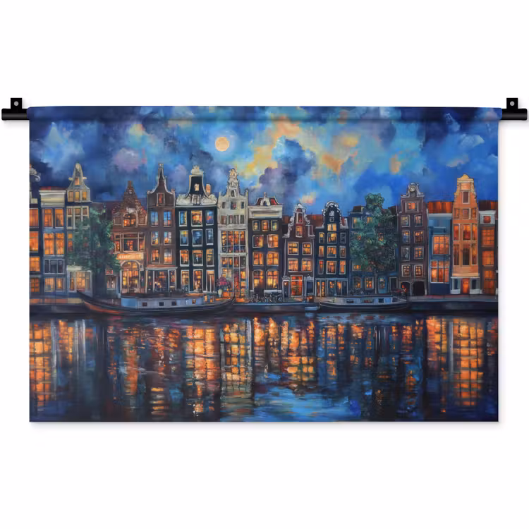 Grachten Amsterdam - Huizen - Stad - Kleurrijk Wandkleed katoen klein -zz3d