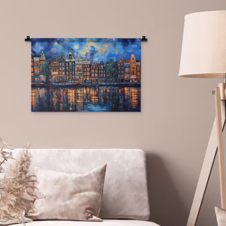 Grachten Amsterdam - Huizen - Stad - Kleurrijk Wandkleed katoen klein -sfeer4