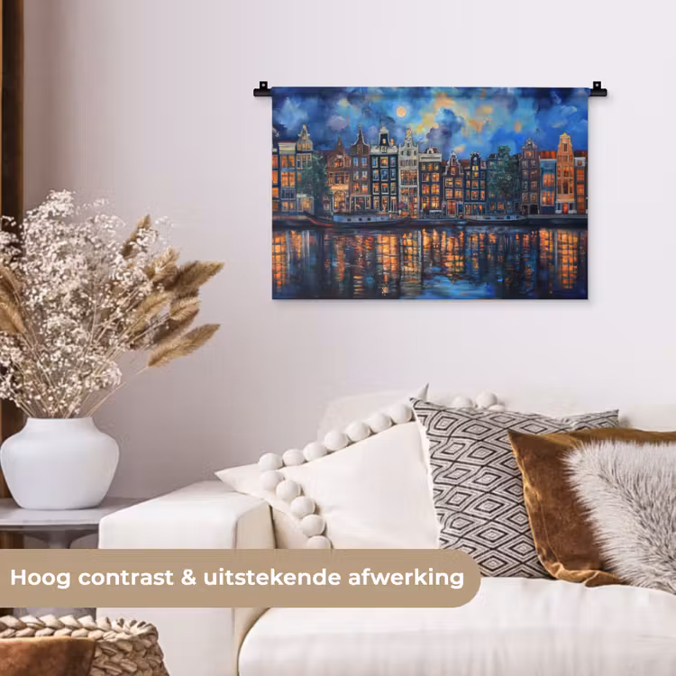 Grachten Amsterdam - Huizen - Stad - Kleurrijk Wandkleed katoen klein -sfeer1