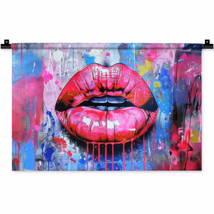 Graffiti - Lippen - Felroze - Geschilderd Wandkleed katoen klein -zz3d