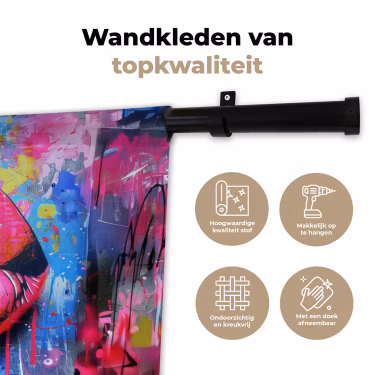 Graffiti - Lippen - Felroze - Geschilderd Wandkleed katoen klein -sfeer2