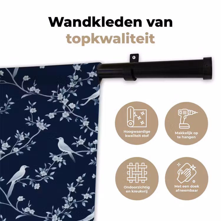 Grafisch - Bloesemtak - Blauw Wandkleed katoen klein 269 -sfeer2