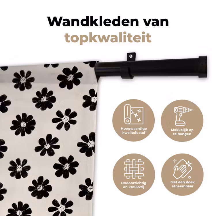 Grafisch - Madeliefjes - Zwart - Beige Wandkleed katoen klein 269 -sfeer2