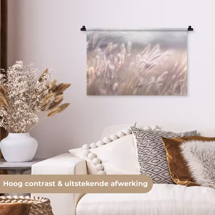 Graspluimen - Wind - Beige - Mistig Wandkleed katoen klein -sfeer1