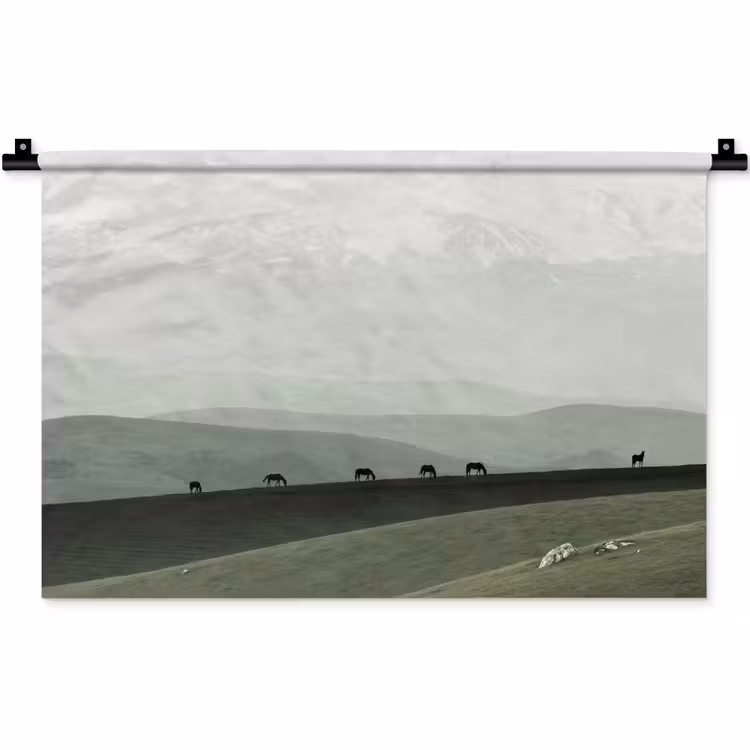 Grijs - Berg - Paarden Wandkleed katoen klein -zz3d
