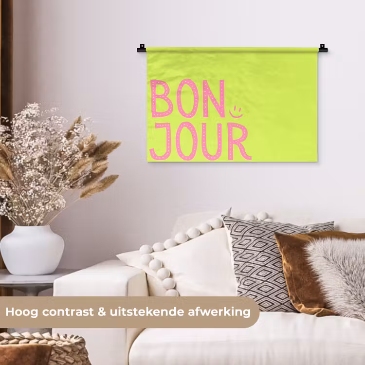 Groen - Smiley - Bonjour - Roze Wandkleed katoen klein -sfeer1