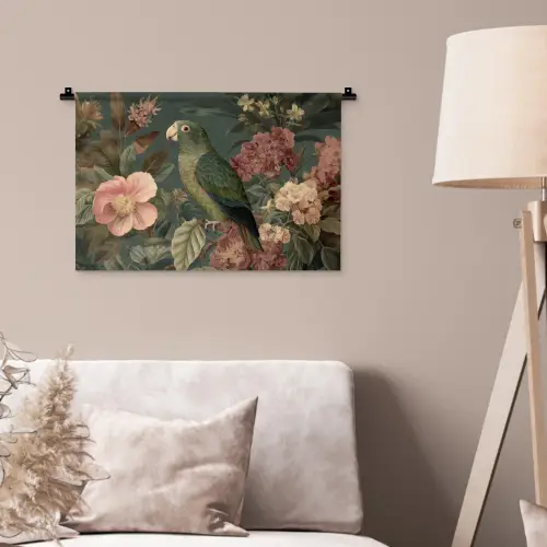 Groene papegaai - Kleurrijke bloemen - Donkere achtergrond Wandkleed katoen klein -sfeer4