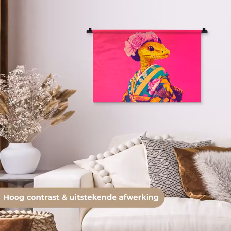 Hagedis - Bloemen - Roze - Kimono Wandkleed katoen klein -sfeer1