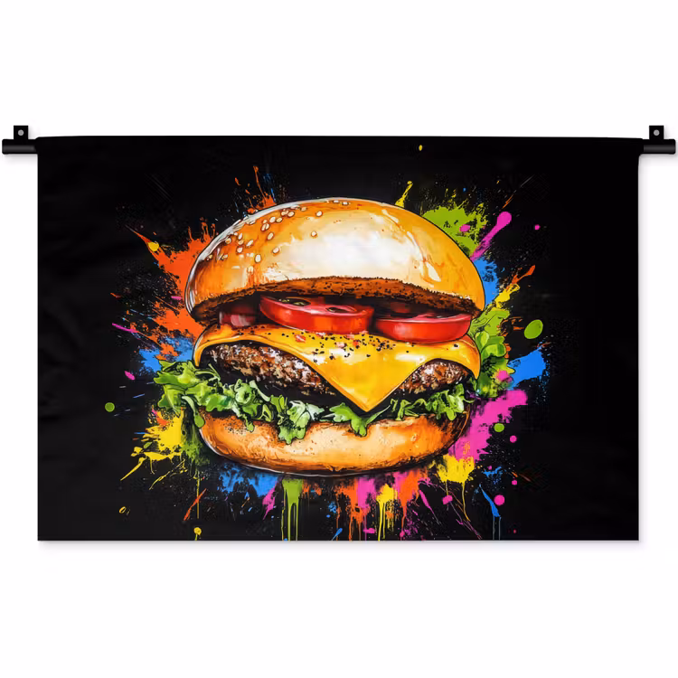 Hamburger - Graffiti - Verf - Kleurrijk - Eten - Abstract Wandkleed katoen klein -zz3d