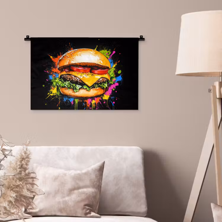 Hamburger - Graffiti - Verf - Kleurrijk - Eten - Abstract Wandkleed katoen klein -sfeer4
