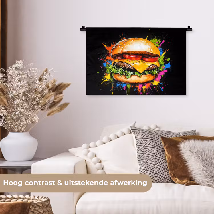 Hamburger - Graffiti - Verf - Kleurrijk - Eten - Abstract Wandkleed katoen klein -sfeer1