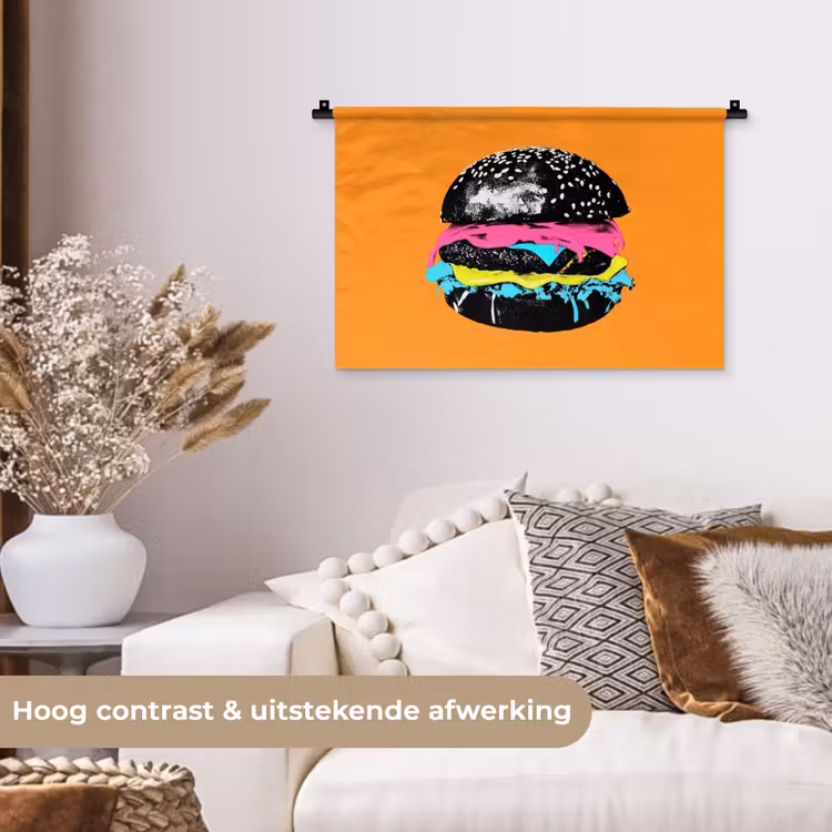 Hamburger - Oranje - Neon - popart Wandkleed katoen klein -sfeer1