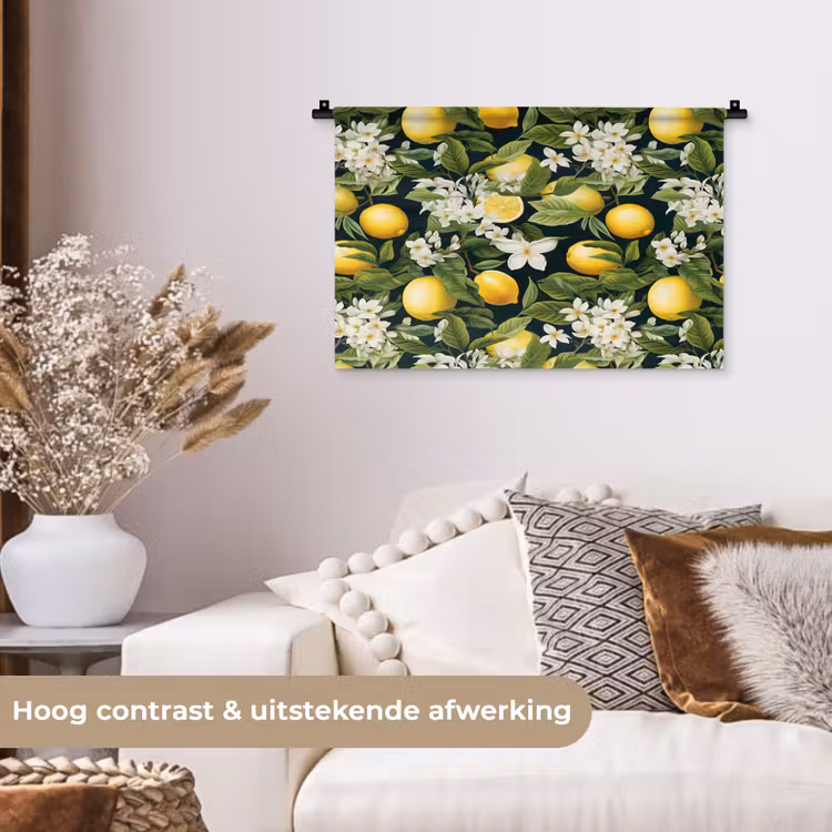 Hangende - Citroenen - Witte - Bloemetjes Wandkleed katoen klein 269 -sfeer1