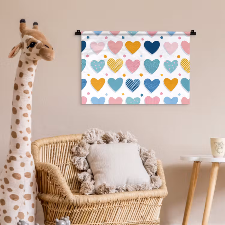Hartjes - Pastel - Kleurcontrast - Handgetekend Wandkleed katoen klein -wsfeer5_kind