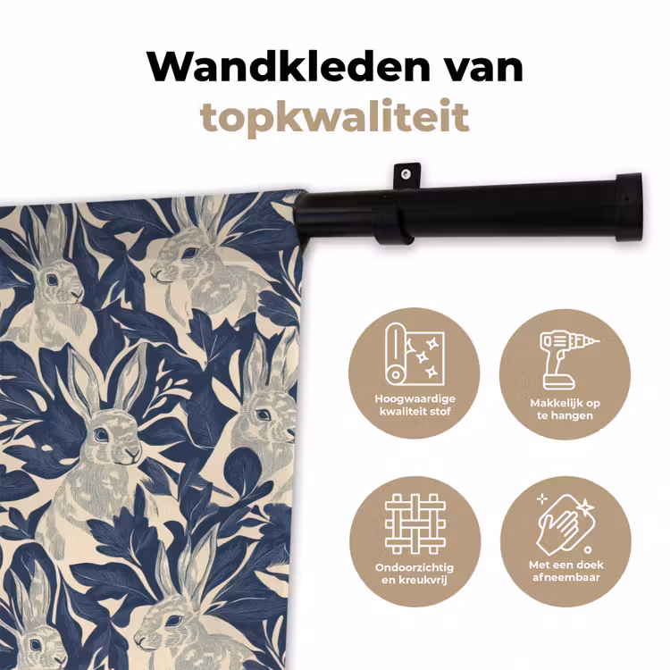 Hazen - Bladeren - Patroon - Blauw - Beige Wandkleed katoen klein 269 -sfeer2